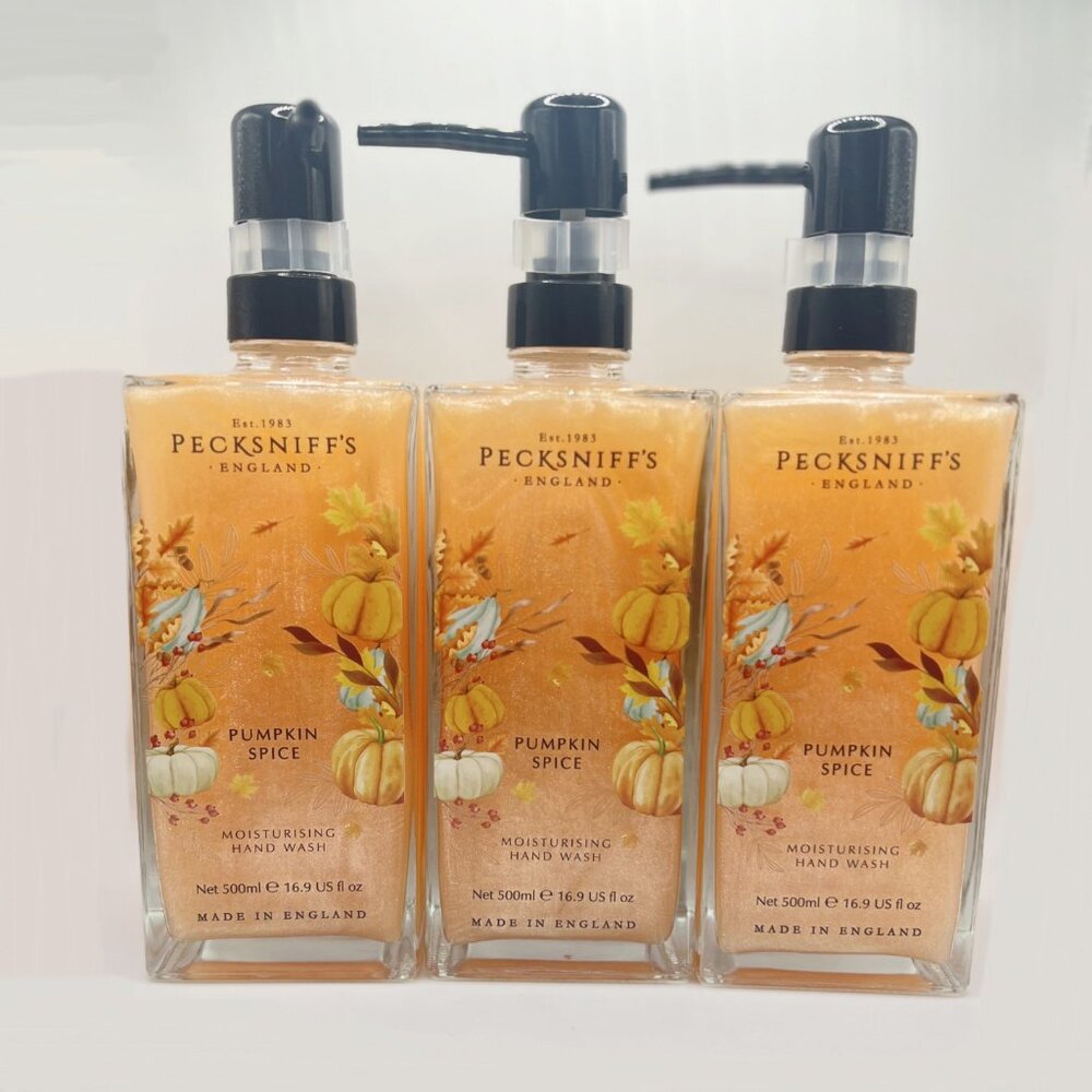 NEW 3x Pecksniffs Pumpkin Spice Glass Bottle Shimmer Hand Wash - 16.9 fl oz